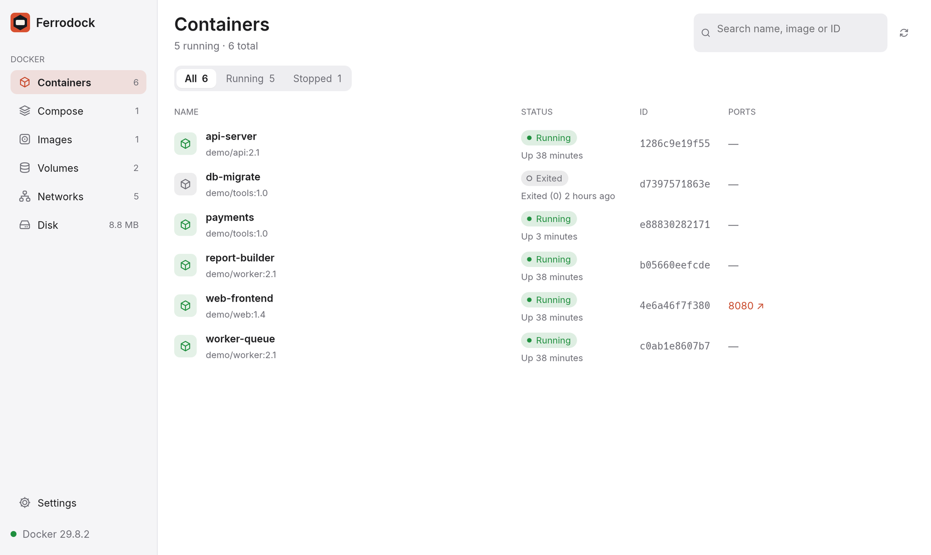 Ferrodock showing a list of containers
